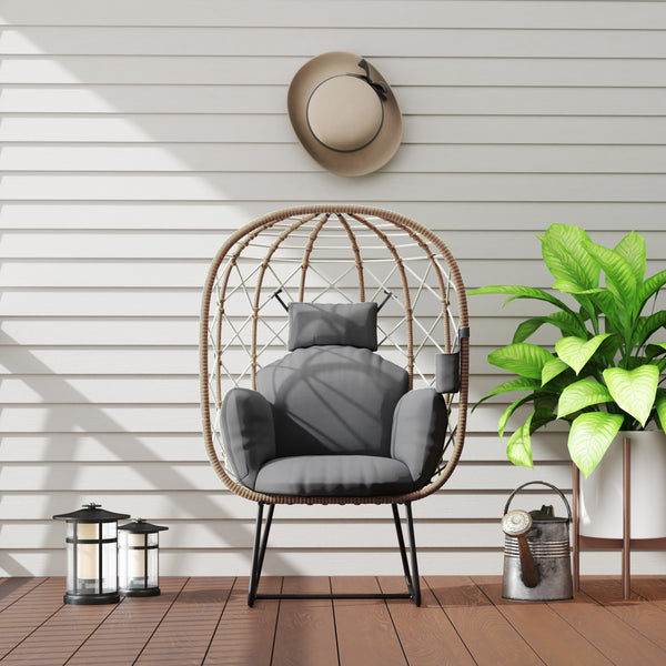 Rattan Egg Chair Outdoor Indoor Wicker Chair with Thickened Cushion and Headrest, Standing Garden Egg Chair with Cup Holder, Metal Frame for Patio, Balcony, Brown