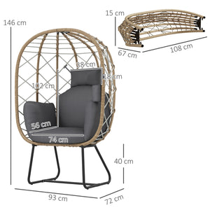 Rattan Egg Chair Outdoor Indoor Wicker Chair with Thickened Cushion and Headrest, Standing Garden Egg Chair with Cup Holder, Metal Frame for Patio, Balcony, Brown