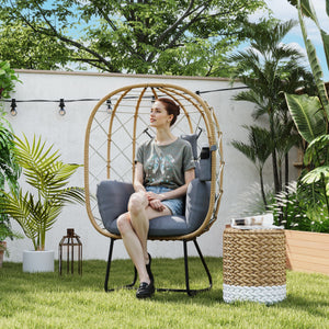 Rattan Egg Chair Outdoor Indoor Wicker Chair with Thickened Cushion and Headrest, Standing Garden Egg Chair with Cup Holder, Metal Frame for Patio, Balcony, Brown
