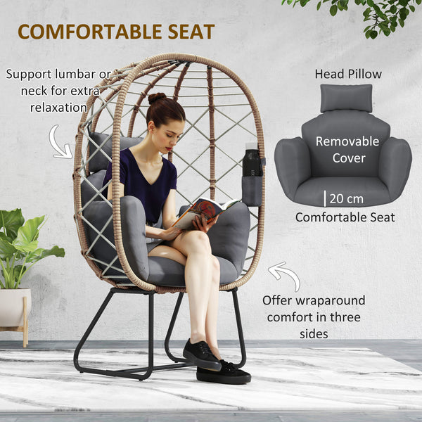 Rattan Egg Chair Outdoor Indoor Wicker Chair with Thickened Cushion and Headrest, Standing Garden Egg Chair with Cup Holder, Metal Frame for Patio, Balcony, Brown