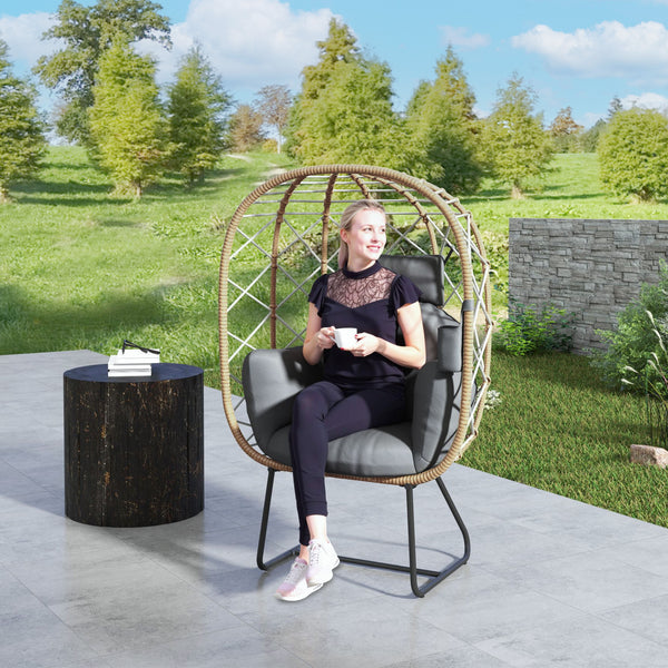 Rattan Egg Chair Outdoor Indoor Wicker Chair with Thickened Cushion and Headrest, Standing Garden Egg Chair with Cup Holder, Metal Frame for Patio, Balcony, Brown