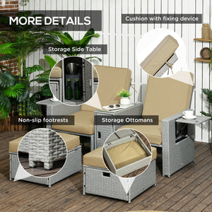 5PC PE Rattan Sun Lounger, Outdoor Wicker 5-level Adjustable Recliner Sofa Bed with Storage Side Table and Footstools, for Patio, Garden, Poolside, Beige