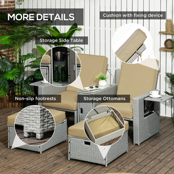 5PC PE Rattan Sun Lounger, Outdoor Wicker 5-level Adjustable Recliner Sofa Bed with Storage Side Table and Footstools, for Patio, Garden, Poolside, Beige