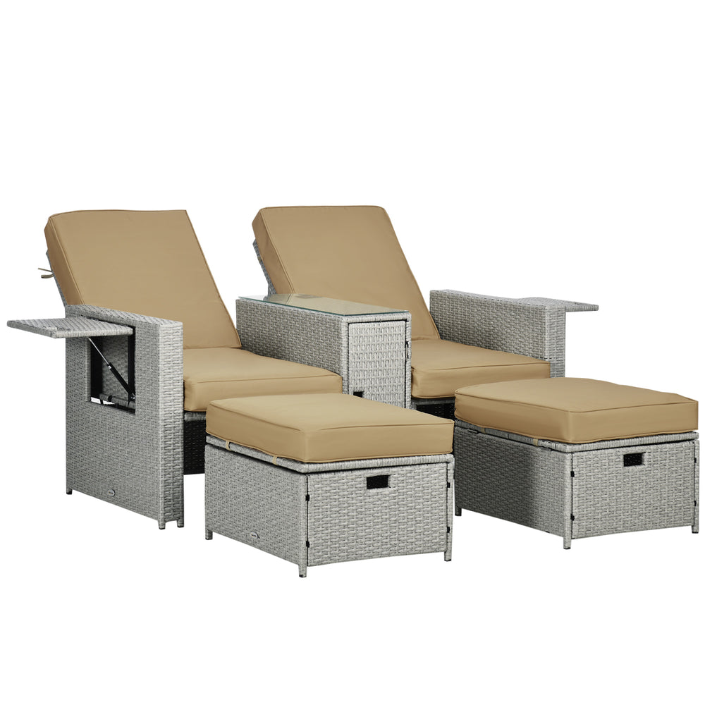 5PC PE Rattan Sun Lounger, Outdoor Wicker 5-level Adjustable Recliner Sofa Bed with Storage Side Table and Footstools, for Patio, Garden, Poolside, Beige