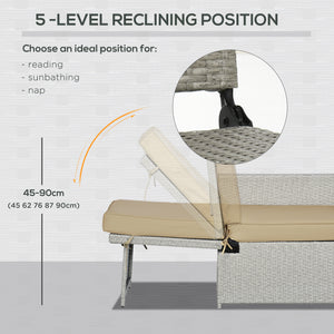 5PC PE Rattan Sun Lounger, Outdoor Wicker 5-level Adjustable Recliner Sofa Bed with Storage Side Table and Footstools, for Patio, Garden, Poolside, Beige