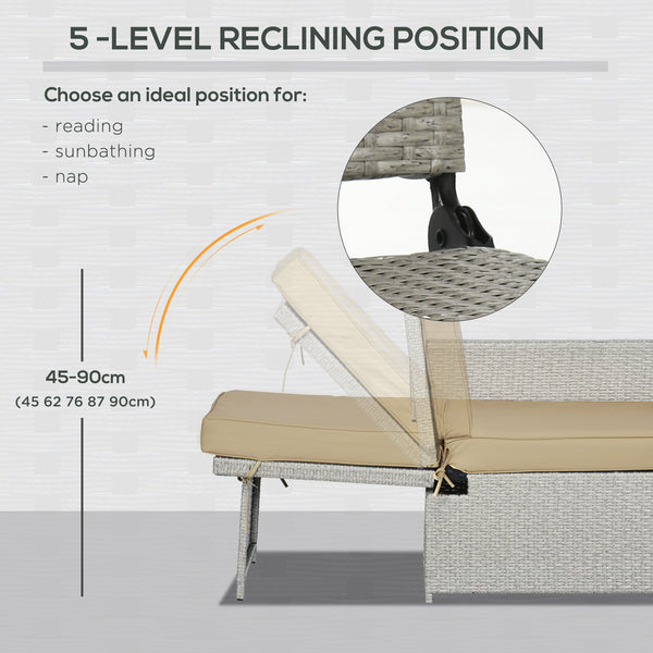 5PC PE Rattan Sun Lounger, Outdoor Wicker 5-level Adjustable Recliner Sofa Bed with Storage Side Table and Footstools, for Patio, Garden, Poolside, Beige