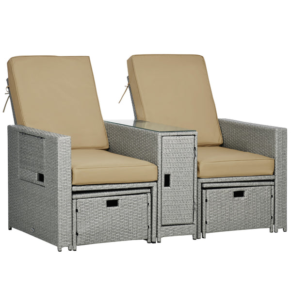 5PC PE Rattan Sun Lounger, Outdoor Wicker 5-level Adjustable Recliner Sofa Bed with Storage Side Table and Footstools, for Patio, Garden, Poolside, Beige