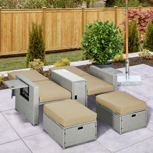 5PC PE Rattan Sun Lounger, Outdoor Wicker 5-level Adjustable Recliner Sofa Bed with Storage Side Table and Footstools, for Patio, Garden, Poolside, Beige