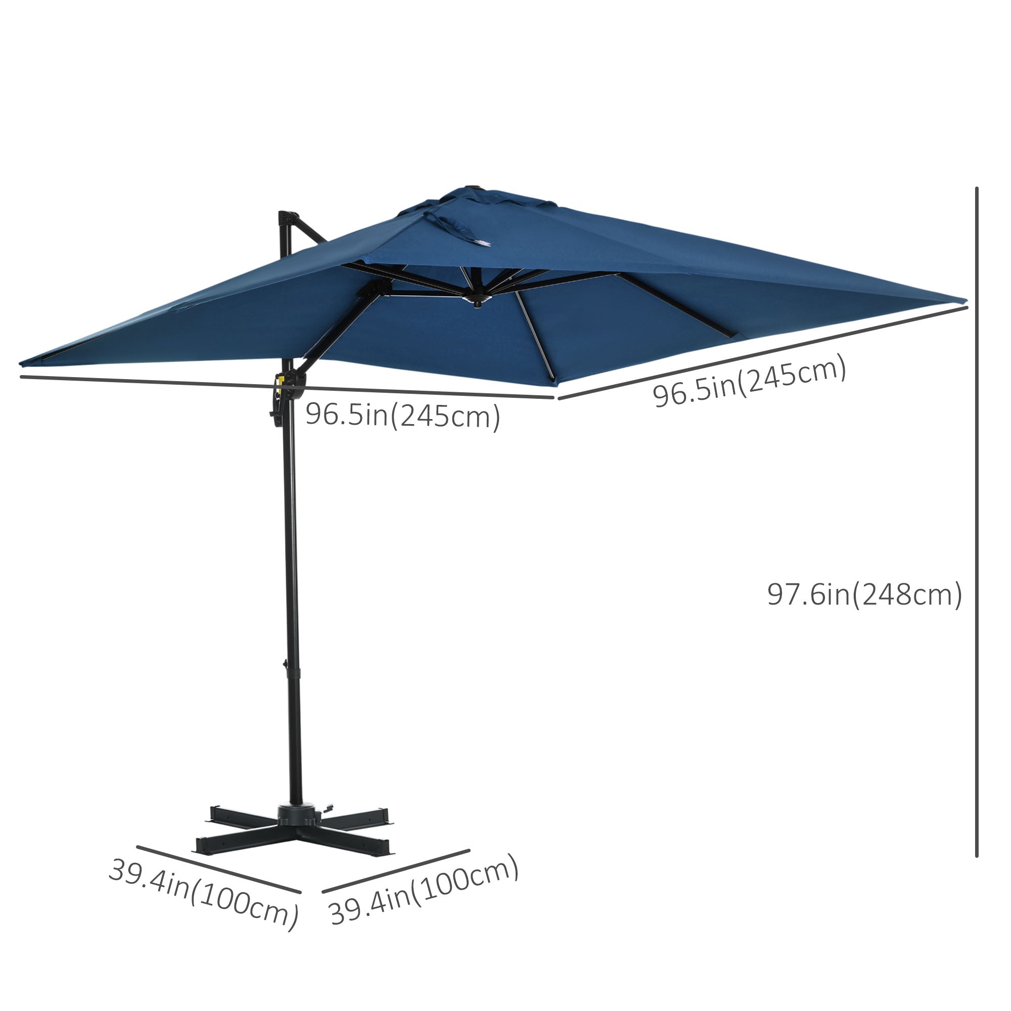 Outsunny 8'x 8' Square Cantilever Umbrella with 360° Rotation & Tilt, Dark Blue
