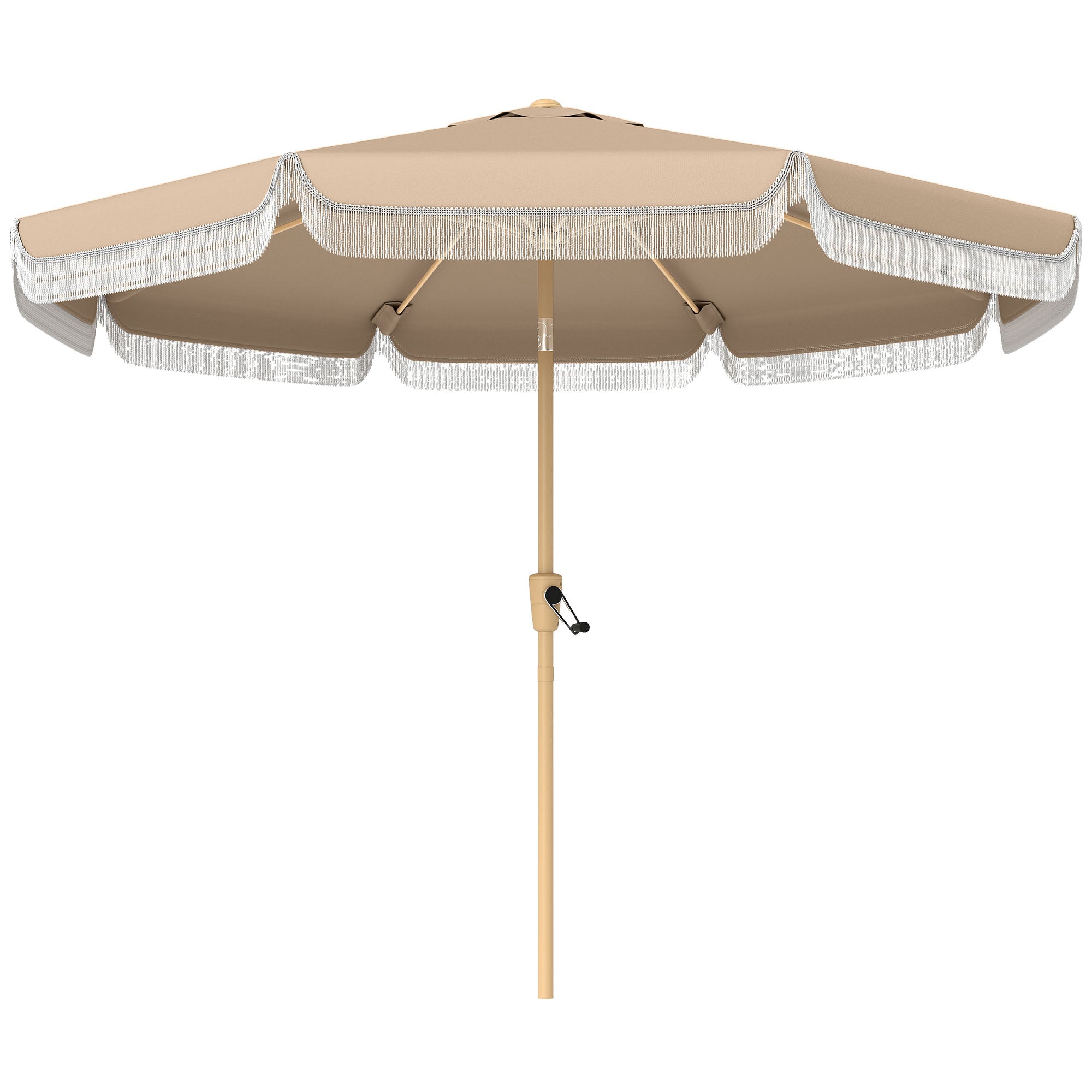 Outsunny 9ft Fringed Patio Umbrella with Push Button Tilt and Crank, Khaki