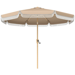 9 ft Patio Umbrella with Push Button Tilt and Crank, Fringed Outdoor Market Table Umbrella Parasol with Vent, 8 Ribs for Garden, Deck, Pool, Khaki