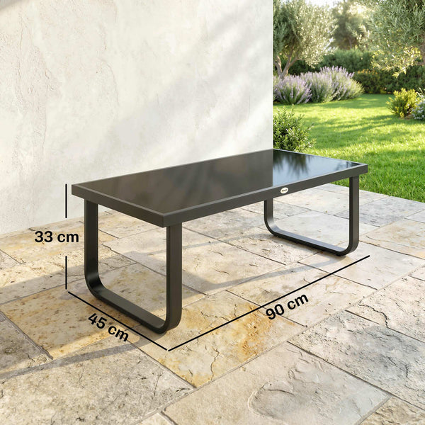 Metal Garden Coffee Table, Outdoor Rectangle Side Table with Tempered Glass Tabletop and Adjustable Foot Pads for Terrace, Balcony, Patio, 90 x 45 x 33 cm, Black