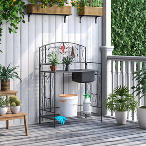 Folding Potting Bench Table, Metal Garden Workstation, Work Bench with Large Built-in Bag with Cover, 5 Hanging Hooks & Storage Shelf, Leaf Pattern