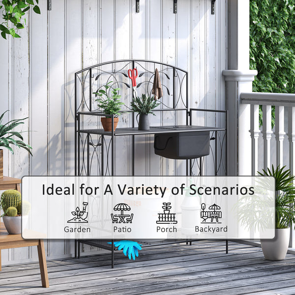Folding Potting Bench Table, Metal Garden Workstation, Work Bench with Large Built-in Bag with Cover, 5 Hanging Hooks & Storage Shelf, Leaf Pattern