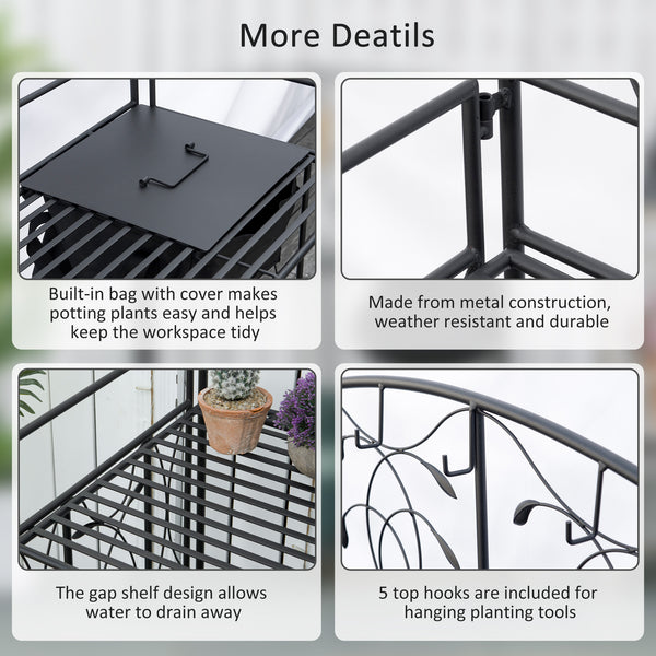 Folding Potting Bench Table, Metal Garden Workstation, Work Bench with Large Built-in Bag with Cover, 5 Hanging Hooks & Storage Shelf, Leaf Pattern