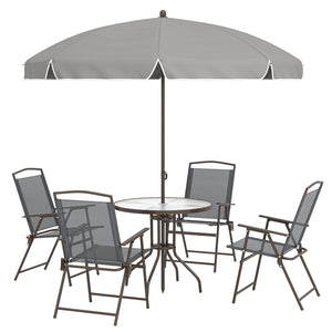 6 Piece Garden Dining Set with Umbrella, Patio Sets with Parasol, 4 Folding Dining Chairs & Round Tempered Glass Table, Dark Grey