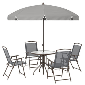 6 Piece Garden Dining Set with Umbrella, Patio Sets with Parasol, 4 Folding Dining Chairs & Round Tempered Glass Table, Dark Grey