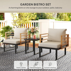 Outsunny 3 Pieces Outdoor Bistro Set, Small Patio Set with Cushions, Armchairs and Slatted Metal Top Table, Metal Patio Furniture Set for Backyard, Balcony, Garden, Beige