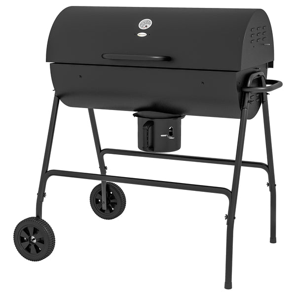 Outsunny Barrel Charcoal BBQ Grill with 420 sq.in. Cooking Area, Outdoor Barbecue with Wheels, Ash Catcher and Built-in Thermometer for Patio Picnic, Backyard Party, Black