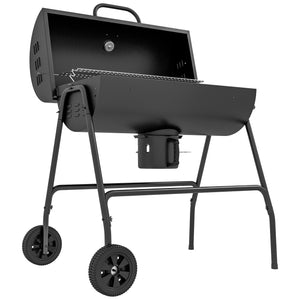 Outsunny Barrel Charcoal BBQ Grill with 420 sq.in. Cooking Area, Outdoor Barbecue with Wheels, Ash Catcher and Built-in Thermometer for Patio Picnic, Backyard Party, Black