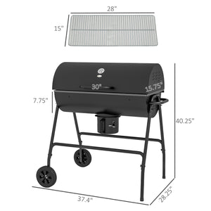 Outsunny Barrel Charcoal BBQ Grill with 420 sq.in. Cooking Area, Outdoor Barbecue with Wheels, Ash Catcher and Built-in Thermometer for Patio Picnic, Backyard Party, Black