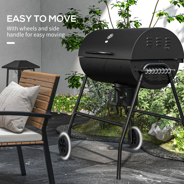 Outsunny Barrel Charcoal BBQ Grill with 420 sq.in. Cooking Area, Outdoor Barbecue with Wheels, Ash Catcher and Built-in Thermometer for Patio Picnic, Backyard Party, Black