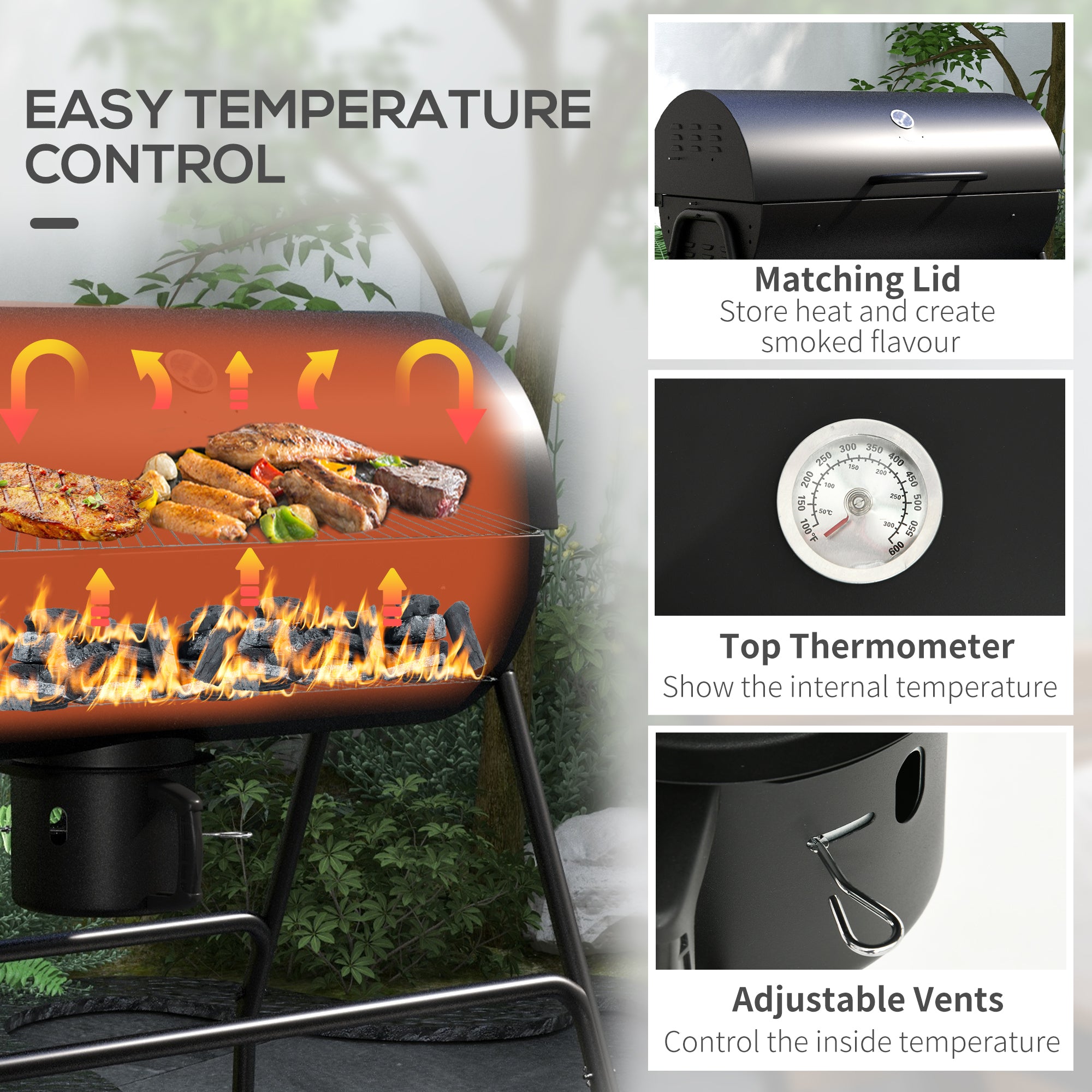 Outsunny 420 sq.in Charcoal BBQ Grill with Wheels, Ash Catcher, Black