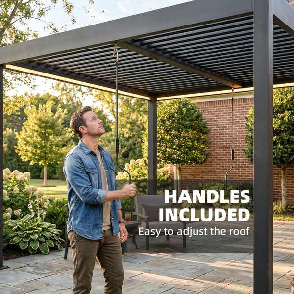 3 x 3 m Louvered Pergola with LED Lights, Adjustable Metal Louvred Roof, Aluminium Patio Gazebo Pergola Canopy with Drainage Gutters, Handles, Remote for Garden Outdoor, Dark Grey