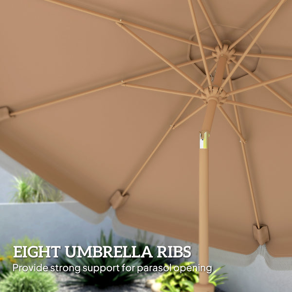 9 ft Patio Umbrella with Push Button Tilt and Crank, Fringed Outdoor Market Table Umbrella Parasol with Vent, 8 Ribs for Garden, Deck, Pool, Khaki