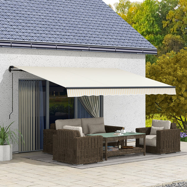 Outsunny 13' x 10' Retractable Awning, Patio Awning Sunshade Shelter with Manual Crank Handle, 280gsm UV Resistant Fabric and Aluminum Frame for Deck, Balcony, Yard, Beige and White