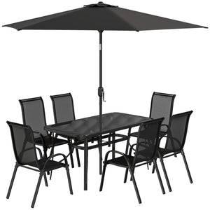 8 Pieces Patio Table and Chairs Set with 9 Ft Patio Umbrella, Outdoor Dining Set with 4.6 Ft Dining Table and 6 Chairs, Push Button Tilt and Crank Parasol, Tempered Glass Top, Black