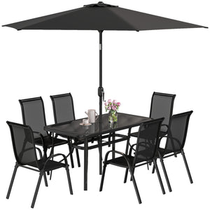 8 Pieces Patio Table and Chairs Set with 9 Ft Patio Umbrella, Outdoor Dining Set with 4.6 Ft Dining Table and 6 Chairs, Push Button Tilt and Crank Parasol, Tempered Glass Top, Black