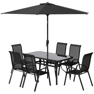 8 Pieces Patio Table and Chairs Set with 9 Ft Patio Umbrella, Outdoor Dining Set with 4.6 Ft Dining Table and 6 Chairs, Push Button Tilt and Crank Parasol, Tempered Glass Top, Black