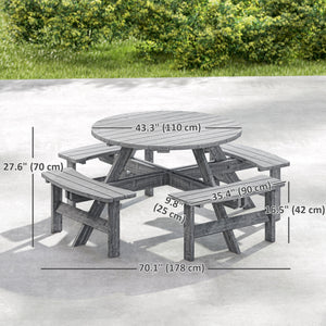Wooden Patio Dining Set for 8 People, Outdoor Table and Benches Set with 4 Double-Seat Benches & Round Picnic Table (Umbrella Not Included), Φ70.1" x 27.6" H, Grey