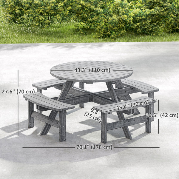 Wooden Patio Dining Set for 8 People, Outdoor Table and Benches Set with 4 Double-Seat Benches & Round Picnic Table (Umbrella Not Included), Φ70.1" x 27.6" H, Grey