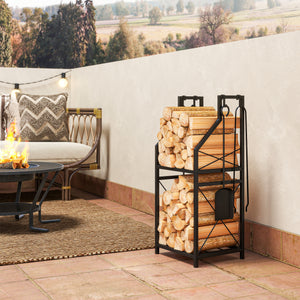 13 Inch Firewood Log Rack with 4 Tools, 2-Tier Heavy Duty Steel Log Store Indoors with Hooks, 132 lb Capacity Fireplace Log Storage Holder for Indoor/Outdoor, Black