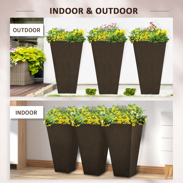 Outsunny Set of 3 Tall Planters with Drainage Hole, 28" Outdoor Flower Plant Pots, Indoor Planters for Porch Patio and Deck, Brown