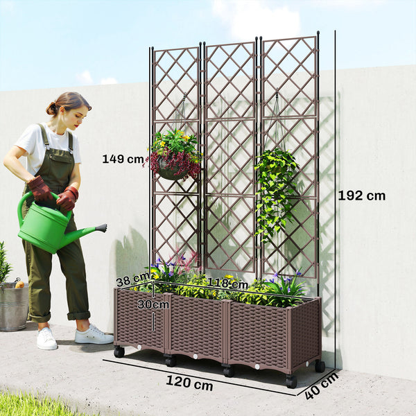 Plastic Raised Planter with Trellis, Self Watering Raised Bed for Garden with Wheels, Drainage Holes and Plugs for Climbing Plants, Outdoor Elevated Planter Box for Vegetables Flowers Herbs