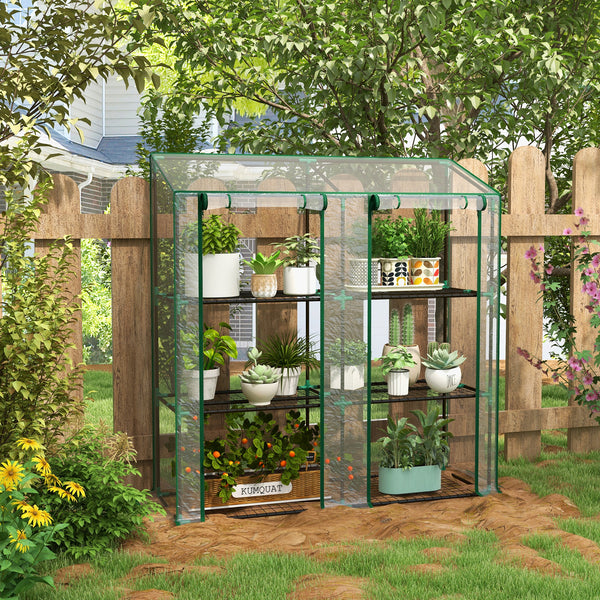 Lean-to Greenhouse with 3 Tier Shelves, 56.3" x 18.1" x 59.4" Portable Small Greenhouse with 2 Roll-Up Zippered Doors, Transparent Plastic Cover, for Indoor Outdoor Garden Backyard, Clear