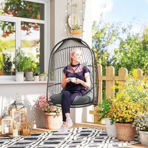 Hanging Egg Chair, Foldable Rattan Garden Swing Chair with Installation Kit, Thickened Cushion and Headrest, Hanging Egg Basket Seat for Patio, Porch, Dark Grey