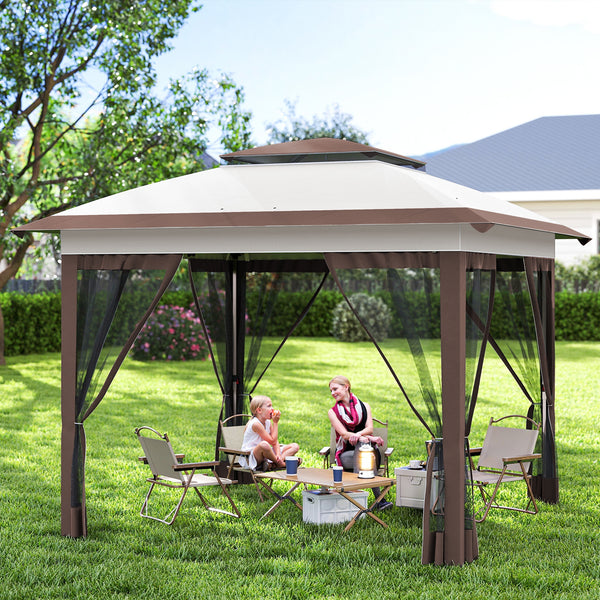 12' x 12' Pop Up Canopy Sun Shade Instant Tent Folding with Mesh Sidewalls, 3-Level Adjustable Height and Storage Bag, Beige and Dark Brown