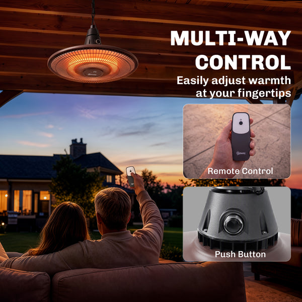 1500W Electric Patio Heater, IP65 Hanging Infrared Outdoor Heater with Carbon Fiber Tube, LED Screen, Remote Control for Garage, Patios, Gazebo, Balcony, Brown