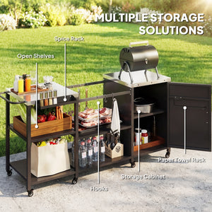 Grill Table for Big Green Egg Grill, Heavy Duty Metal BBQ Prep Table with Stainless Steel Top, Storage Cabinet, Spice Rack, Paper Towel Rack, Outdoor Kitchen Island with Wheels, Hooks, Handle