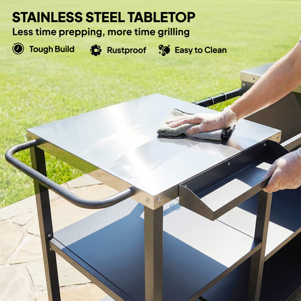 Grill Table for Big Green Egg Grill, Heavy Duty Metal BBQ Prep Table with Stainless Steel Top, Storage Cabinet, Spice Rack, Paper Towel Rack, Outdoor Kitchen Island with Wheels, Hooks, Handle