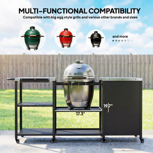 Grill Table for Big Green Egg Grill, Heavy Duty Metal BBQ Prep Table with Stainless Steel Top, Storage Cabinet, Spice Rack, Paper Towel Rack, Outdoor Kitchen Island with Wheels, Hooks, Handle