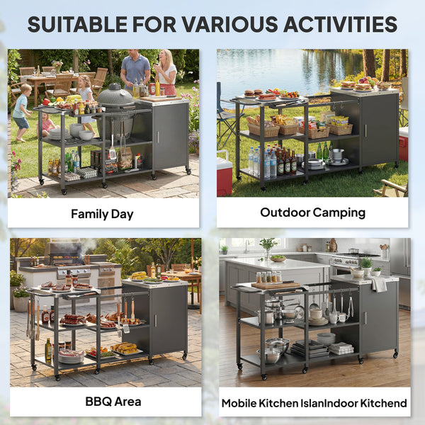 Grill Table for Big Green Egg Grill, Heavy Duty Metal BBQ Prep Table with Stainless Steel Top, Storage Cabinet, Spice Rack, Paper Towel Rack, Outdoor Kitchen Island with Wheels, Hooks, Handle