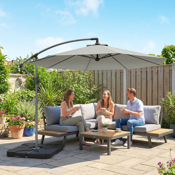 3 m Cantilever Parasol with Umbrella Weights, Cross Base, Offset Outdoor Umbrella with Protective Cover, Crank Handle, Hanging Sun Shade, Light Grey