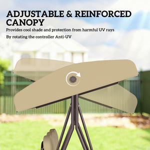 3 Seater Canopy Swing Chair, Outdoor Garden Swing Seat with Adjustable Canopy, Cushions and Cup Trays, Steel Frame, Brown