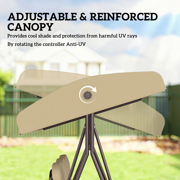 3 Seater Canopy Swing Chair, Outdoor Garden Swing Seat with Adjustable Canopy, Cushions and Cup Trays, Steel Frame, Brown