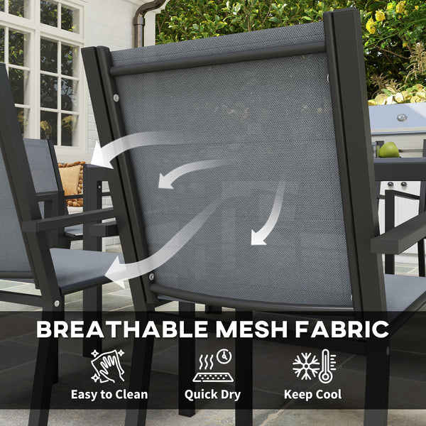 7 Piece Patio Dining Set, Outdoor Dining Table and 6 Stackable Chairs, Metal Patio Furniture Set with WPC Top, Breathable Mesh for Garden, Backyard, Poolside, Light Grey